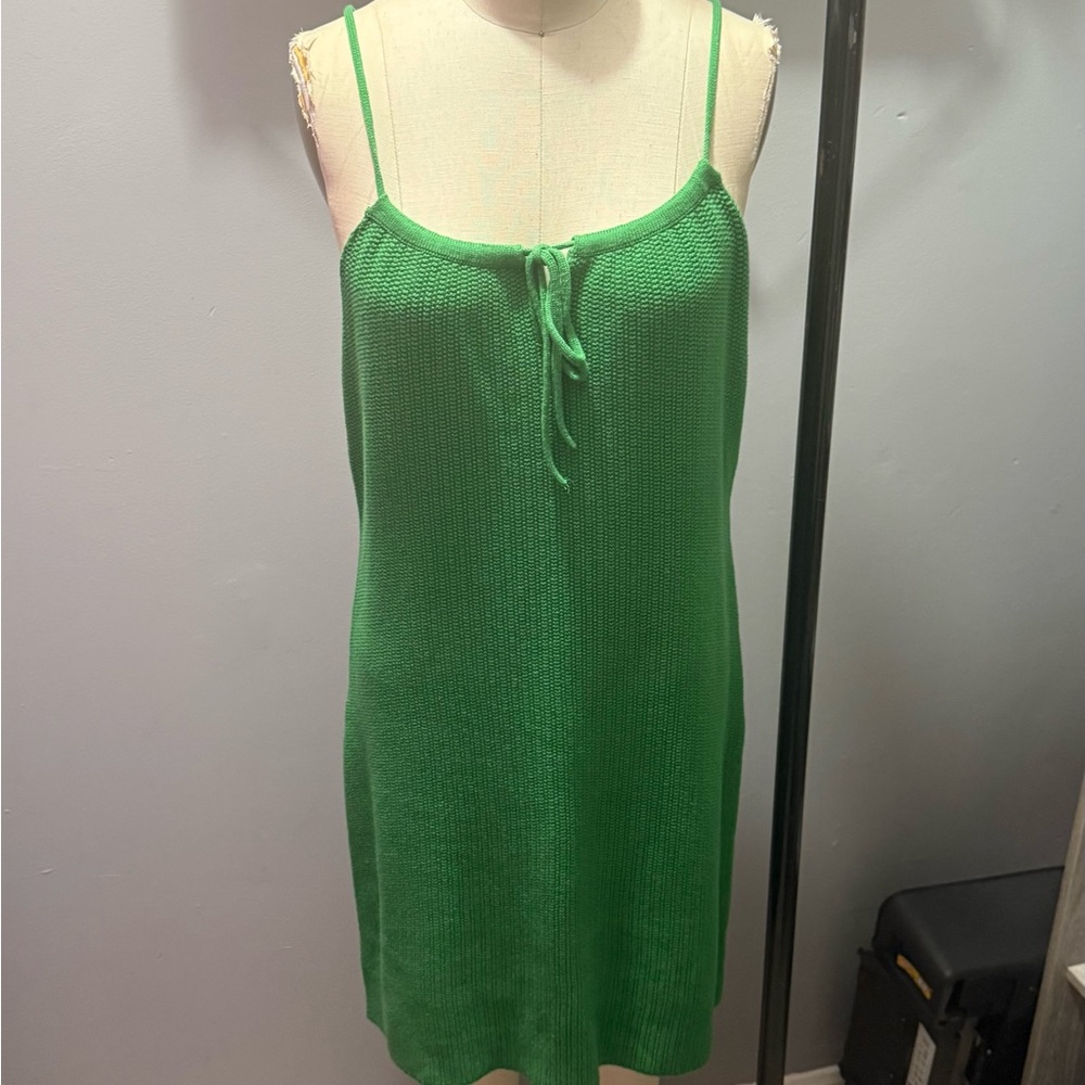Sleeveless Green Knit Mini Dress with Tie Front